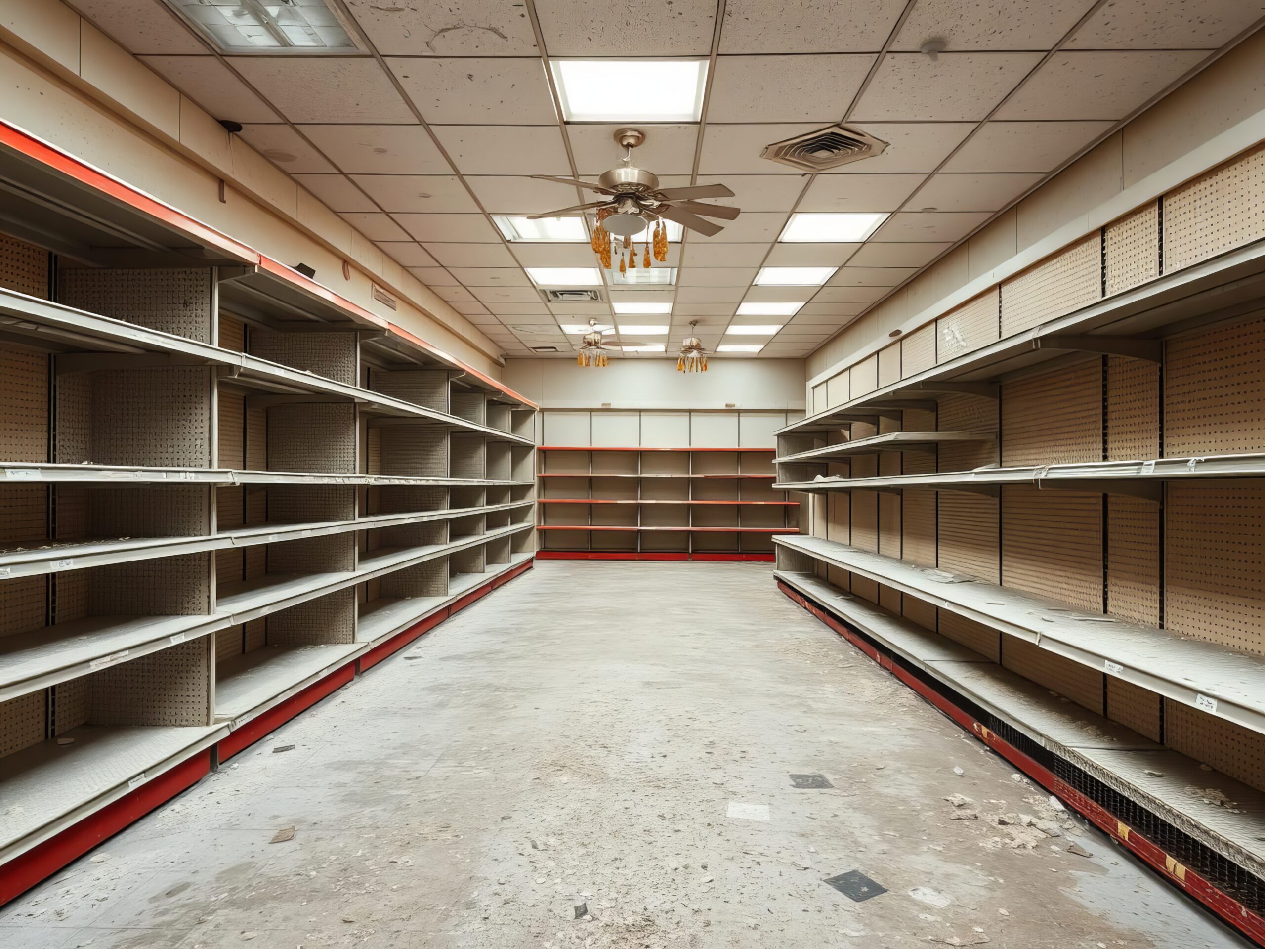 An abandoned big box store with empty shelves and dust-covered aisles, clearance, vacant Pittsburgh Estate Sale