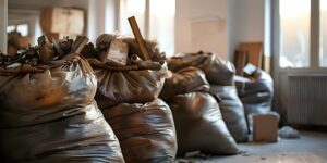 Large bags filled with office renovation debris. Concept Debris Removal, Office Renovation, Large Bags, Construction Waste, Cleanup Services Pittsburgh Estate Sale