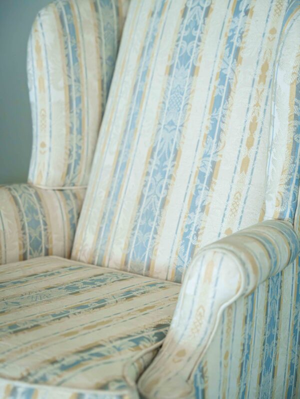 Ethan Allen Queen Anne Style Upholstered Wingback Chair – Striped Fabric - Image 4