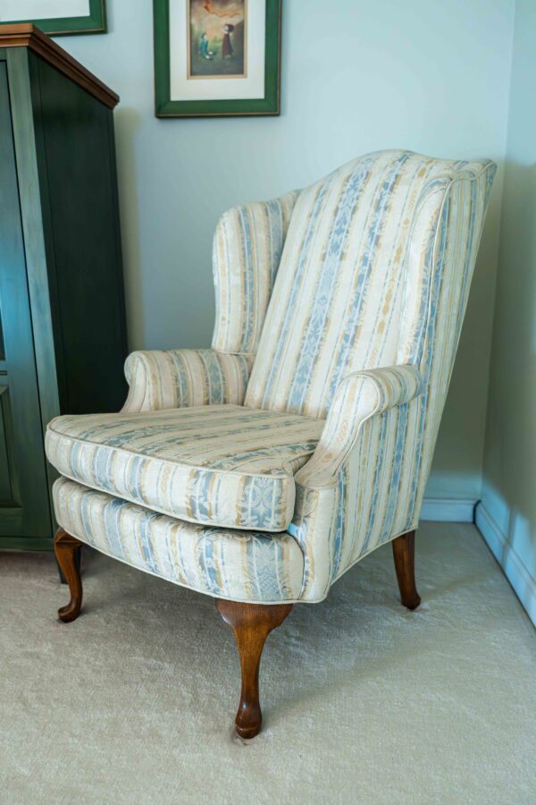 Ethan Allen Queen Anne Style Upholstered Wingback Chair – Striped Fabric - Image 3
