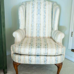 Ethan Allen Queen Anne Style Upholstered Wingback Chair – Striped Fabric