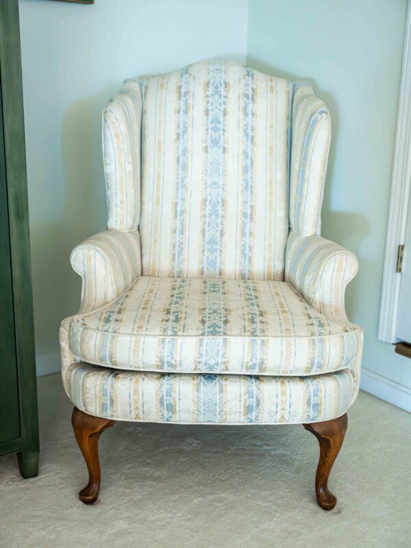 Ethan Allen Queen Anne Style Upholstered Wingback Chair – Striped Fabric