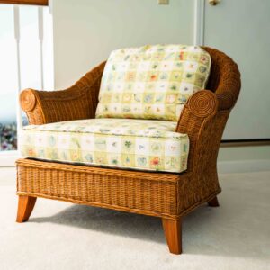 Ethan Allen Rattan Lounge Chair – Woven Frame with Cushions