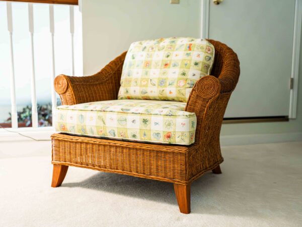 Ethan Allen Rattan Lounge Chair – Woven Frame with Cushions