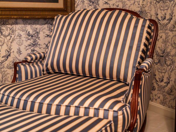 Ethan Allen Blue & White Striped Lounge Chair with Ottoman - Image 3