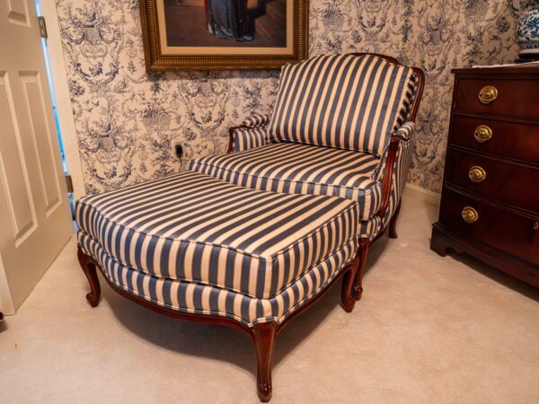 Ethan Allen Blue & White Striped Lounge Chair with Ottoman