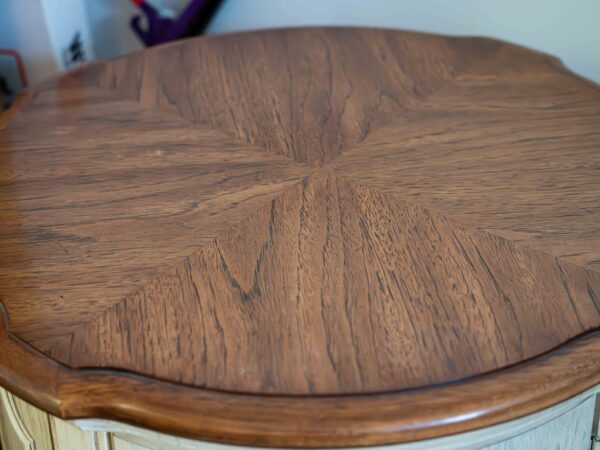 Ethan Allen Round End Table – Cream Base with Wood Top - Image 3