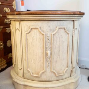 Ethan Allen Round End Table – Cream Base with Wood Top