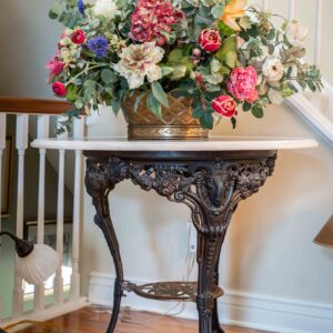 Round Marble Top Table with Ornate Wrought Iron Base – 36” Diameter