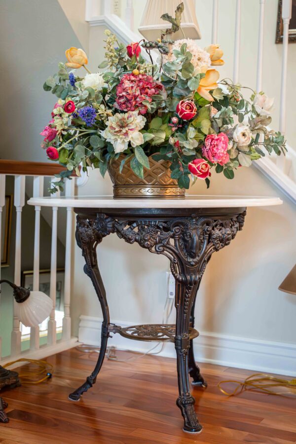 Round Marble Top Table with Ornate Wrought Iron Base – 36” Diameter