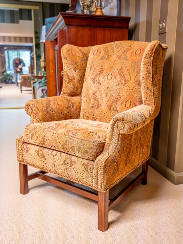 Ethan Allen Upholstered Wingback Chair – Paisley Fabric, Nailhead Trim  (Qty 2 Available)