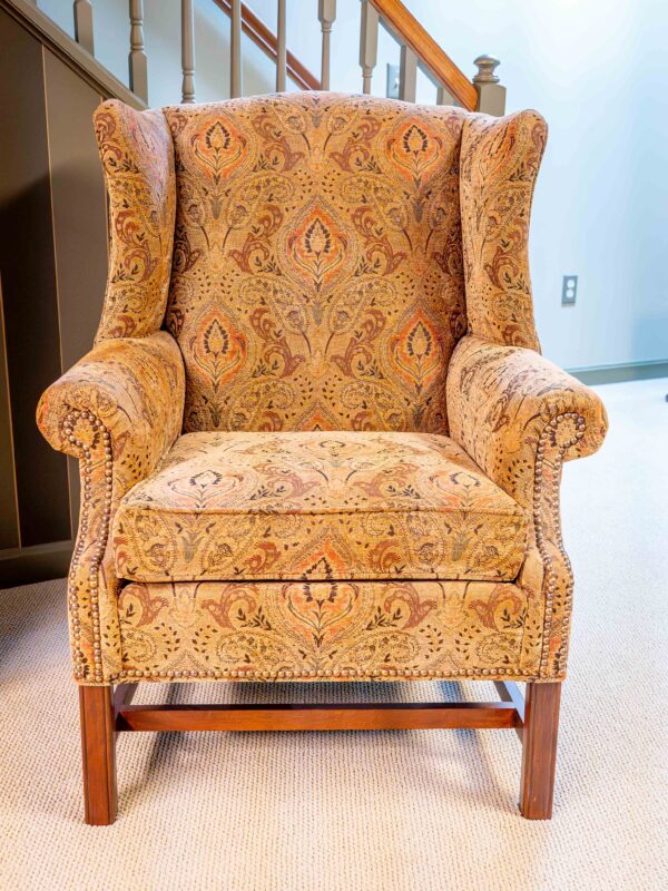 Ethan Allen Upholstered Wingback Chair – Paisley Fabric, Nailhead Trim  (Qty 2 Available) - Image 2