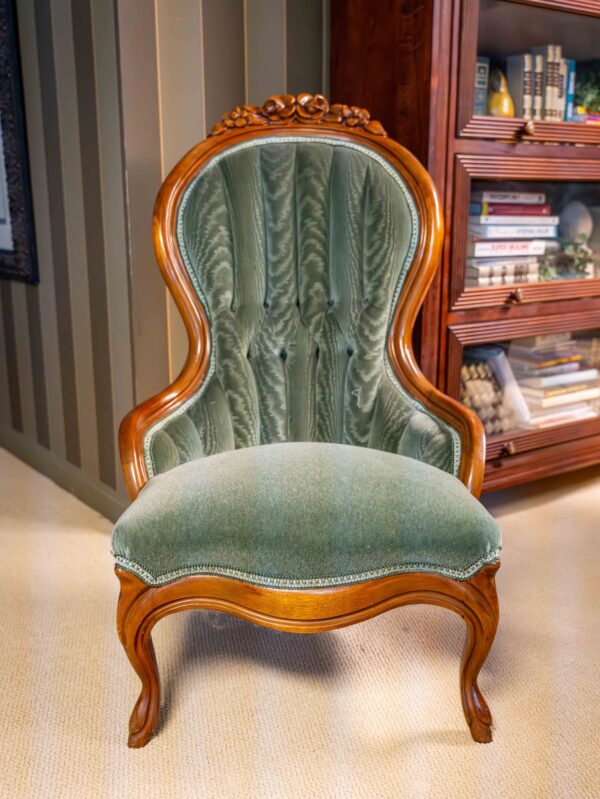Antique Green Velvet Upholstered Chair with Matching Ottoman - Image 4