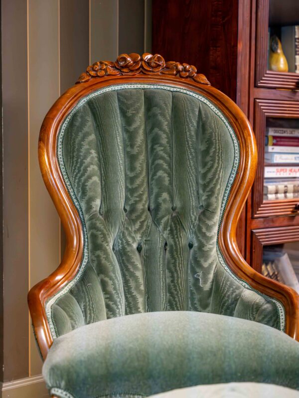 Antique Green Velvet Upholstered Chair with Matching Ottoman - Image 3