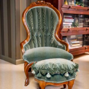 Antique Green Velvet Upholstered Chair with Matching Ottoman
