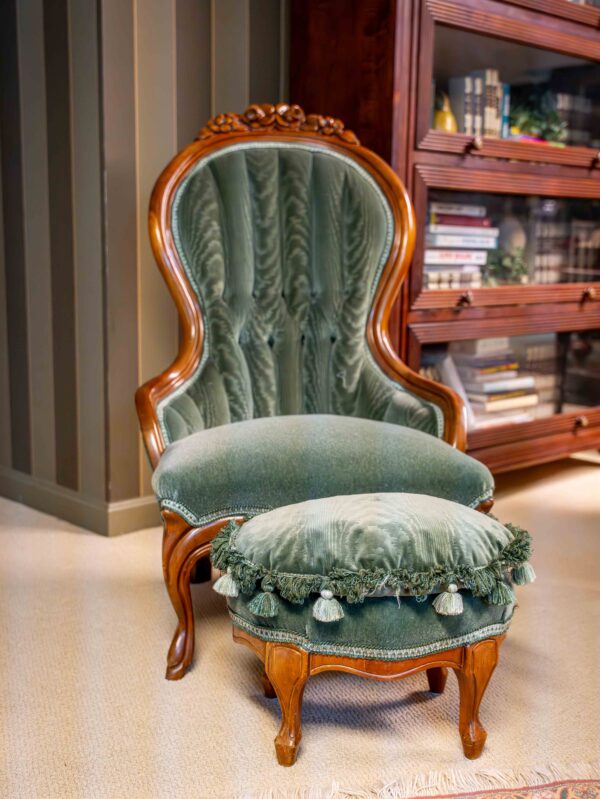 Antique Green Velvet Upholstered Chair with Matching Ottoman