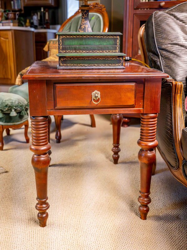 Ethan Allen Dark Wood End Table – Turned Legs, Single Drawer
