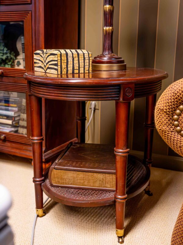 Ethan Allen Round End Table – Bronze Accents & Casters