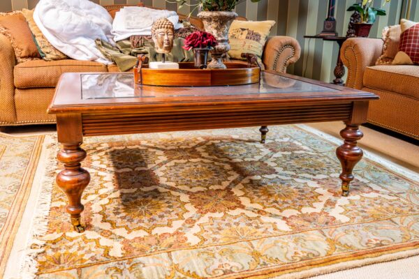 Ethan Allen Wooden Coffee Table with Glass Inset Top – 48.5” Wide