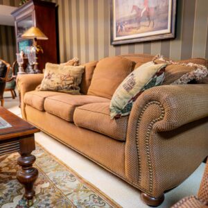 Ethan Allen Upholstered Loveseat – Rolled Arms with Nailhead Trim, 67.5” Wide