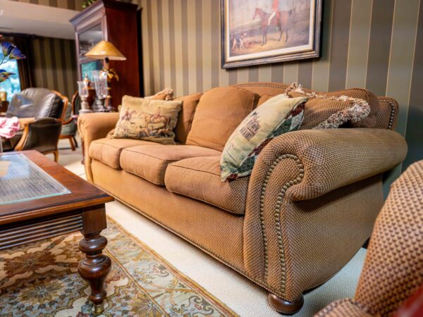 Ethan Allen Upholstered Loveseat – Rolled Arms with Nailhead Trim, 67.5” Wide