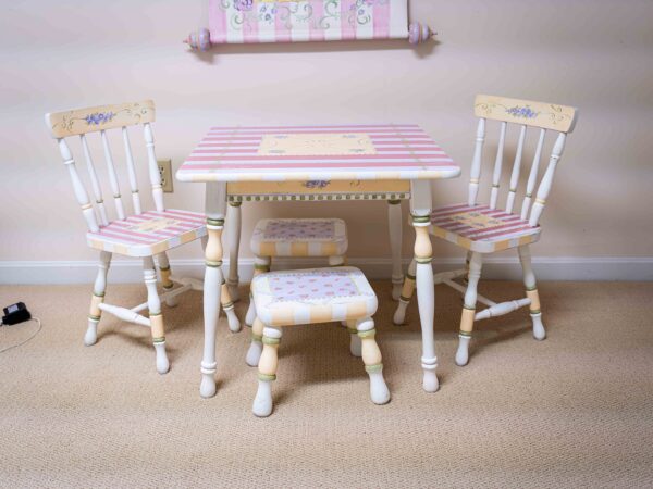 Ethan Allen Hand-Painted Kids Table Set – Includes 2 Chairs & 2 Stools