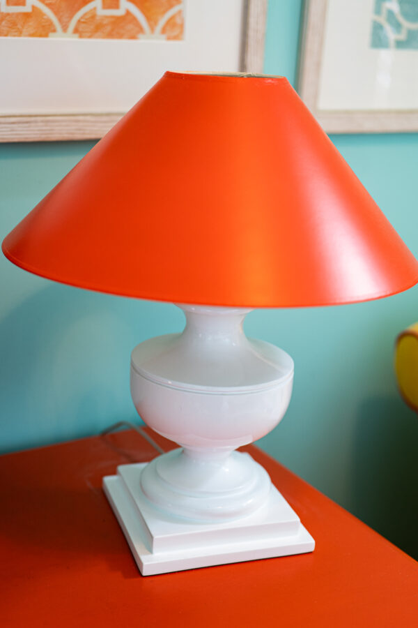 Ethan Allen Modern White Lamp with Bold Orange Shade – 21.5”