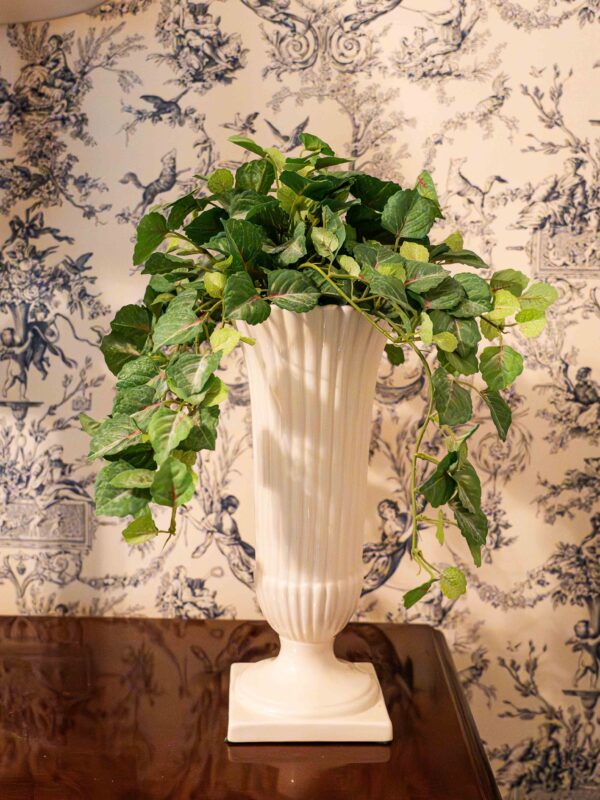 Ethan Allen White Fluted Vase with Faux Greenery – 11.5”