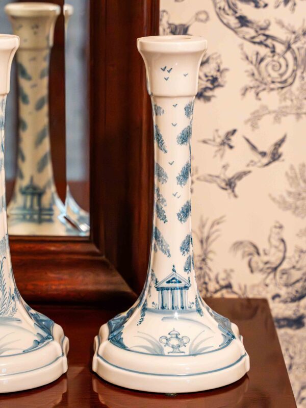 Ethan Allen Blue & White Porcelain Candlestick Set – 10” - Image 3