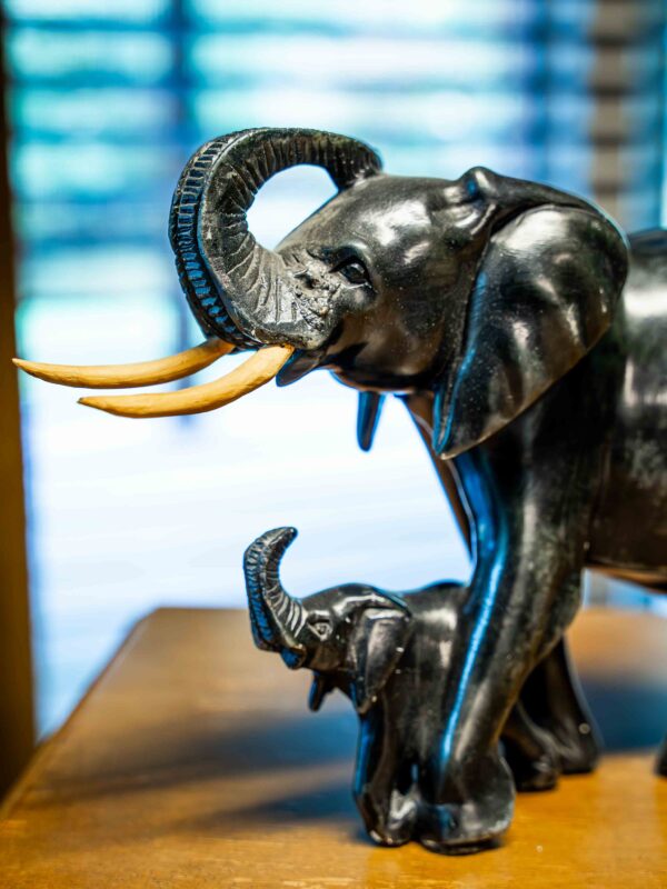 Ethan Allen Soapstone Elephant Sculpture with Wooden Tusks (8” Height) - Image 3