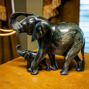 Ethan Allen Soapstone Elephant Sculpture with Wooden Tusks (8” Height)