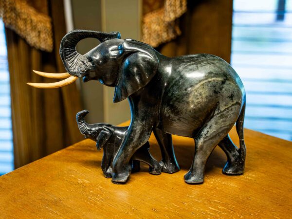 Ethan Allen Soapstone Elephant Sculpture with Wooden Tusks (8” Height)