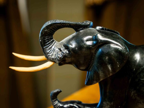 Ethan Allen Soapstone Elephant Sculpture with Wooden Tusks (8” Height) - Image 2