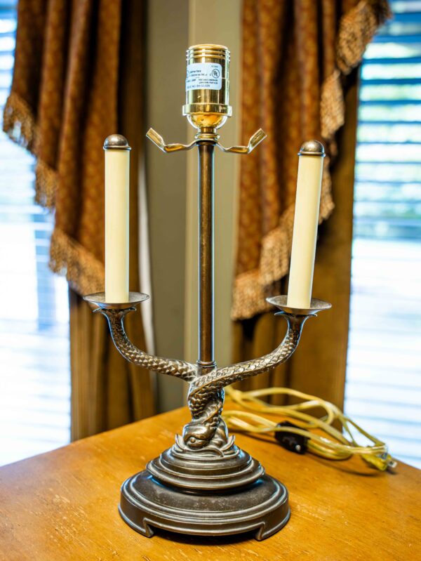 Ethan Allen Bronze-Style Two-Arm Dolphin Base Lamp (with Shade)