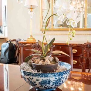 Ethan Allen Blue & White Oriental Floral Bowl With Arrangement