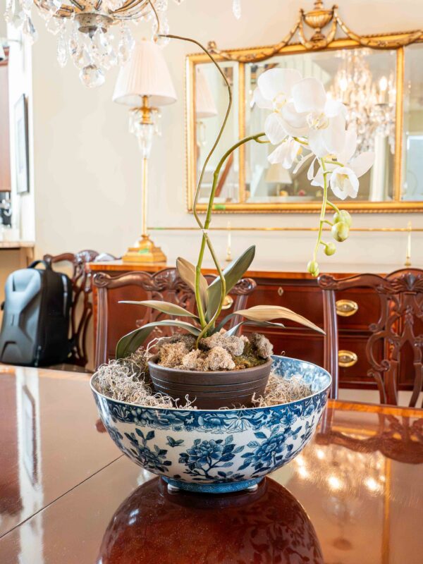 Ethan Allen Blue & White Oriental Floral Bowl With Arrangement
