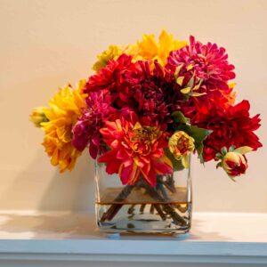 Colorful Floral Arrangement In Glass Cube Vase