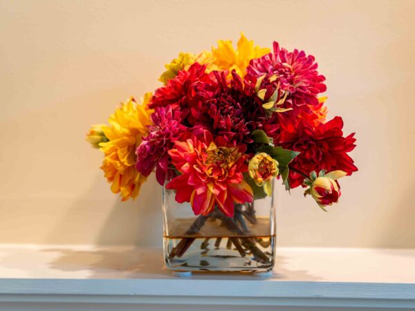 Colorful Floral Arrangement In Glass Cube Vase