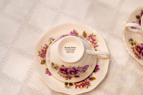 Gracie China by Coastline Imports – Set of 2 Teacups with Matching Saucers (Purple Floral, Gold Trim) - Image 3