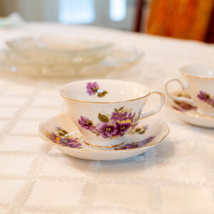 Gracie China by Coastline Imports – Set of 2 Teacups with Matching Saucers (Purple Floral, Gold Trim)