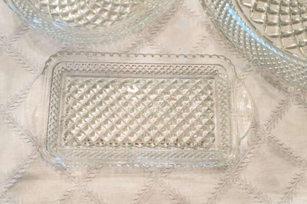 et of 3 Pressed Glass Serving Dishes & Butter Dish – Vintage Diamond Pattern