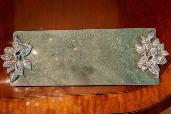 Elegant Rectangular Marble Tray With Signature Arthur Court Silver Floral Accents