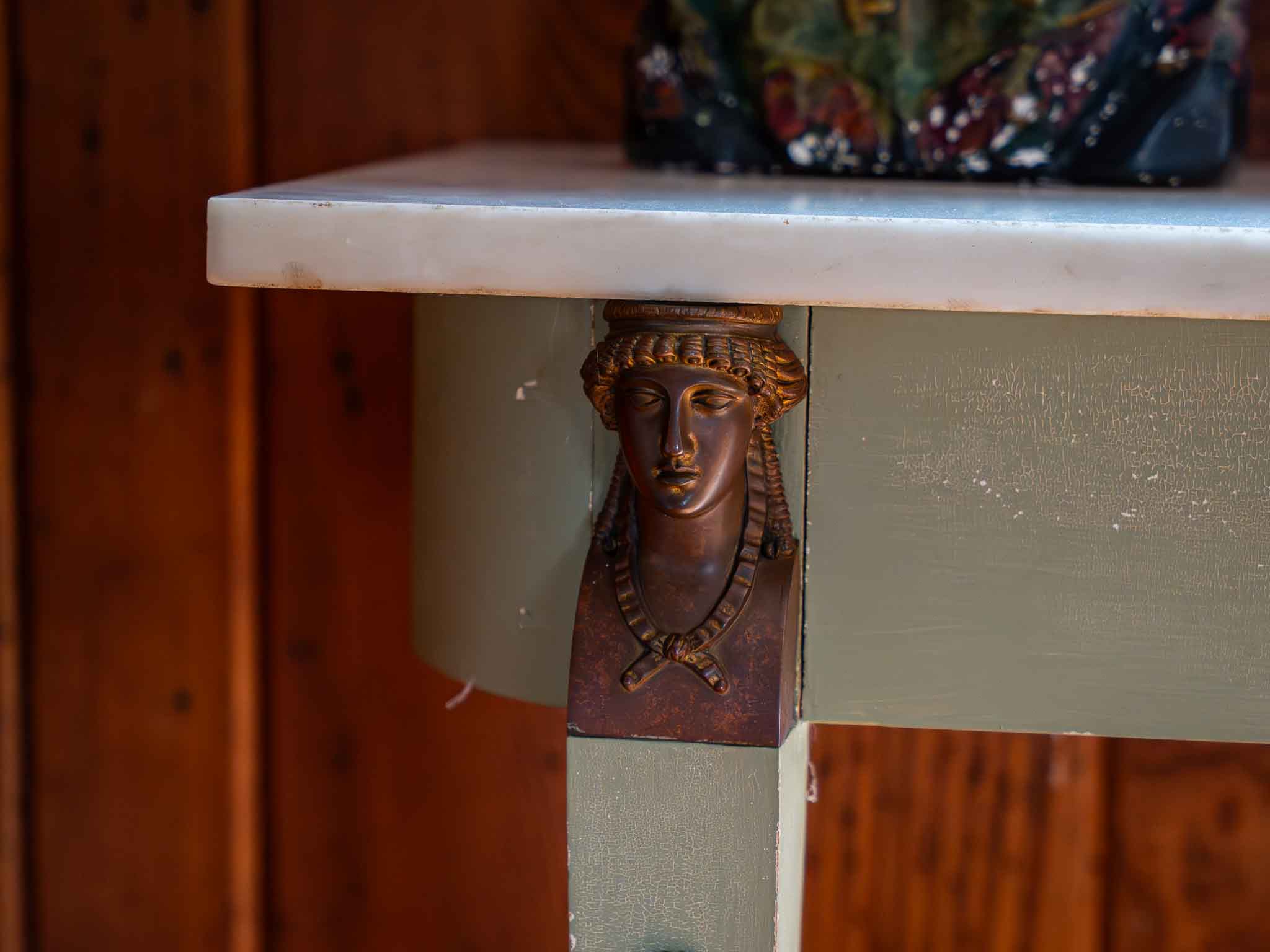 Vintage Green Console Table Marble Top Entryway Table with Decorative Figural Accents - Image 3
