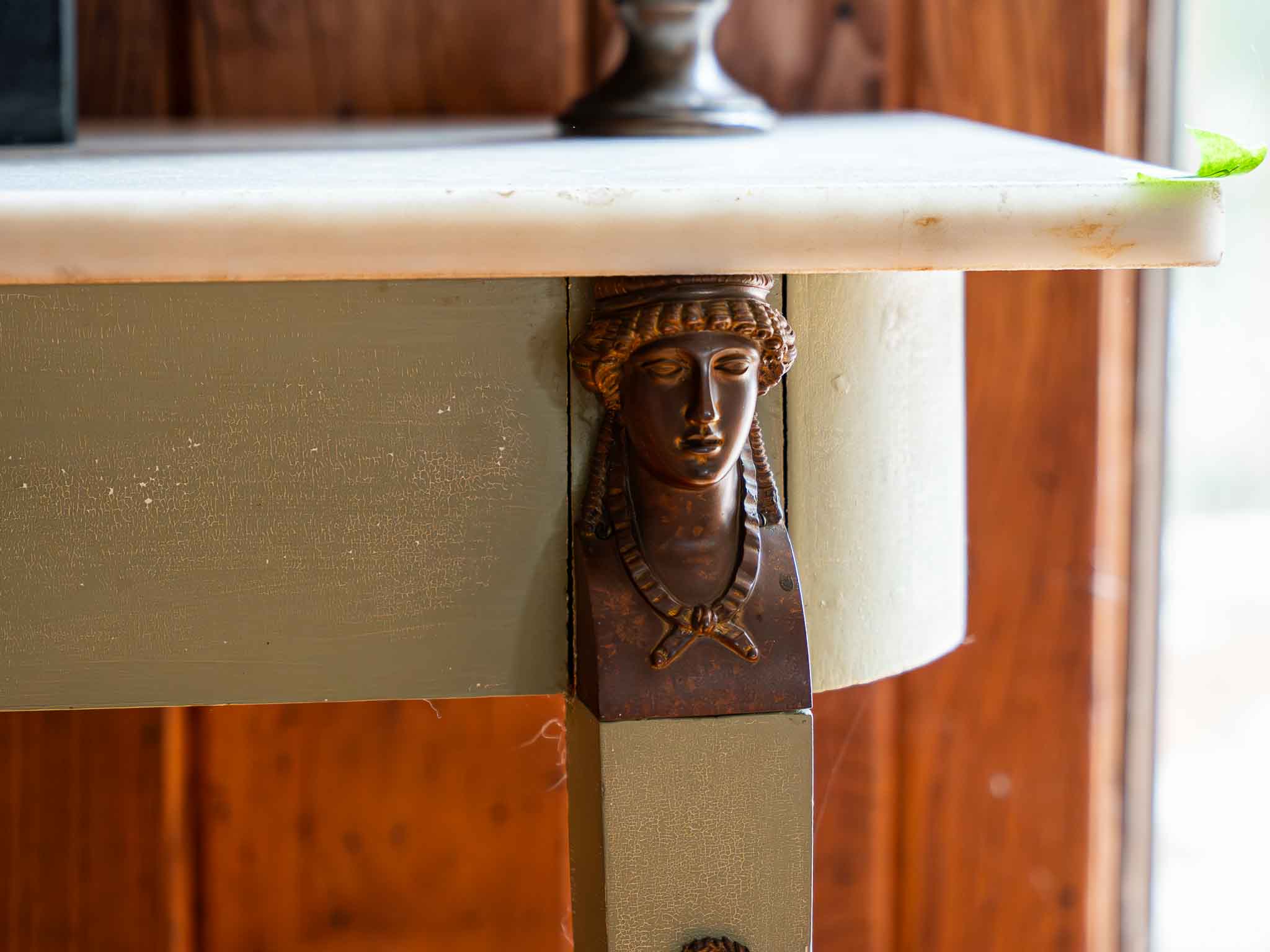 Vintage Green Console Table Marble Top Entryway Table with Decorative Figural Accents - Image 2