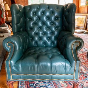 Green Leather Tufted Wingback Armchair Nailhead Trim Claw Feet Traditional Accent Chair