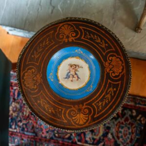 Vintage Ornate Pedestal Side Table Porcelain Cherub Plate Top Brass Gallery Rim