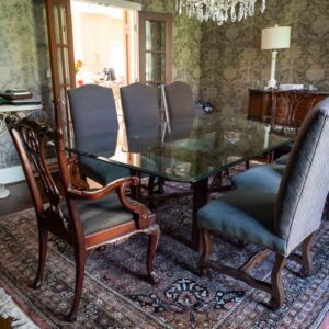 Glass-Top Carved Wood Dining Table With 8 Chairs