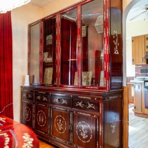 Large Oriental Style China Cabinet Display Hutch Inlaid Wood Glass Doors