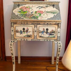 Oriental Painted Secretary Desk with Mirror Fold-Down Writing Desk Asian Style