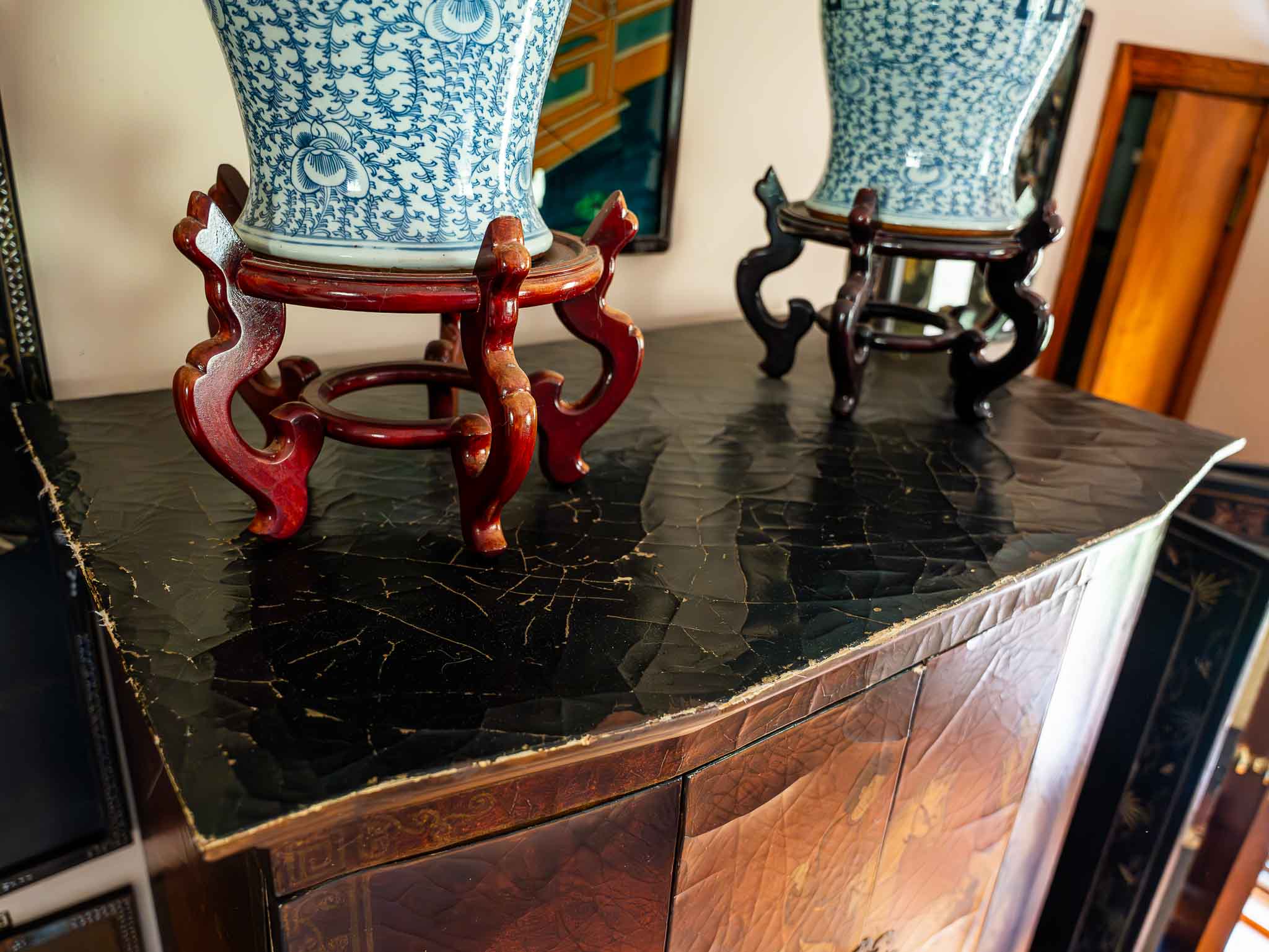 Oriental Painted TV Armoire Cabinet Vintage Asian Media Cabinet - Image 5